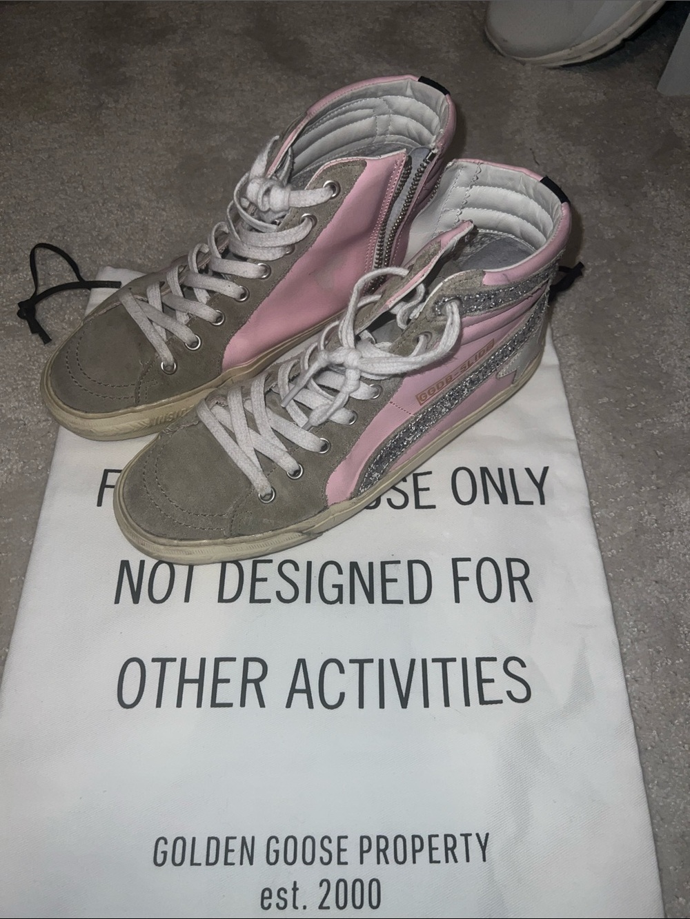 Golden Goose Pink and Gray High-Top Sneakers with Silver Glitter Stripe